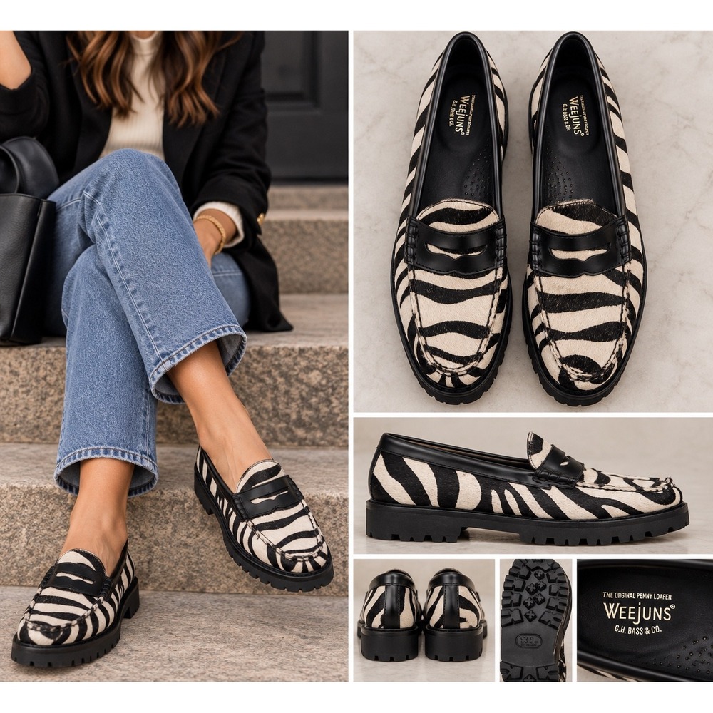 G.H. Bass Loafers Zebra Print Hair on Hide Lug Sole Platform 8.5 NWOT